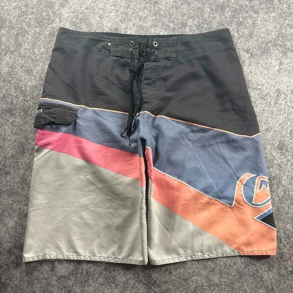 Quiksilver Men’s 32 Y2K Cargo Board Shorts Colorblock Black Gray Orange